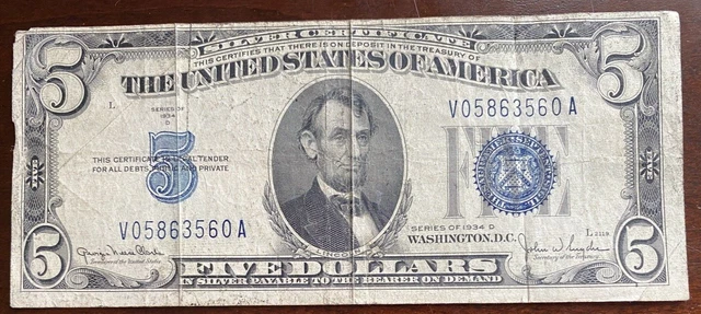1934 D Blue Seal $5 Five Dollar Silver Certificate Note - FR 1654