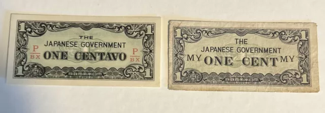 Lot of 2 The Japanese Government One Cent & One Centavo WWII Banknotes