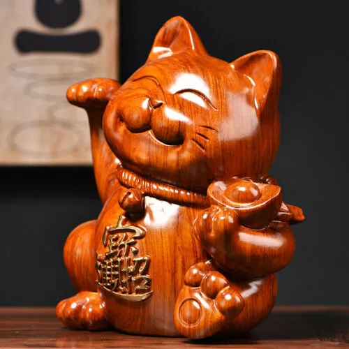 Rosewood Carved Maneki Statue Lucky Cat Feng Shui Decoration Art Collection