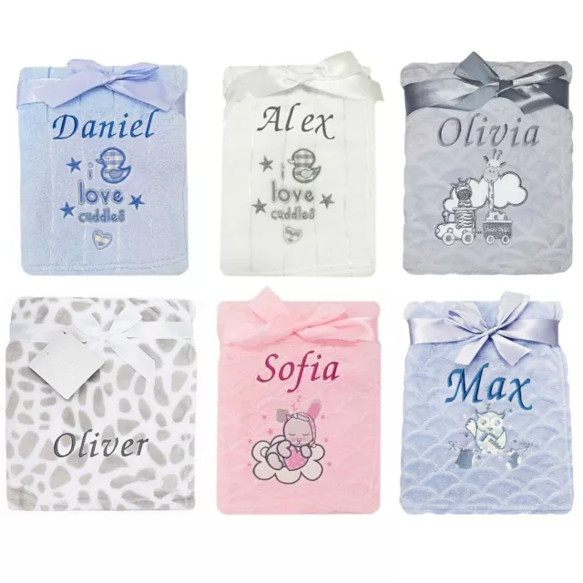 Baby Personalised Blanket Embroidered Name Animals Pink Blue Grey White Banket