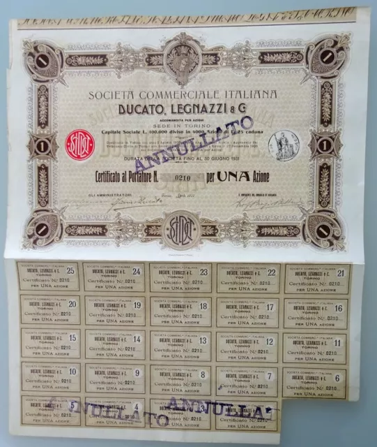 1 Azione Da 25 Lire Società Commerciale Italiana Ducato Legnazzi Aprile 1907 Bb