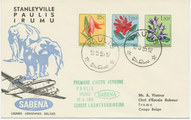 BELGISCH-KONGO 1955 Blumen Misch-Frank. SABENA Inlands-Erstflug PAULIS - IRUMU