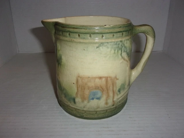 Antique Roseville Majolica 'The Bridge' Stoneware Pitcher
