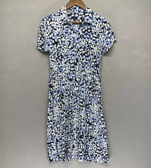 Talbots Womens Floral Crepe Short Sleeve Button Front Shirt Dress 6P Blue