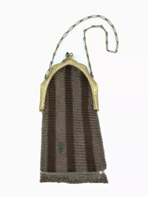 Antique 1900s mesh Art Deco Nouveau flapper bag purse gold-tone blue glass