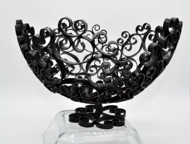 Vintage Spain Wrought Iron Scroll Black Metal Fruit Bowl Footed Basket Vase 12x7