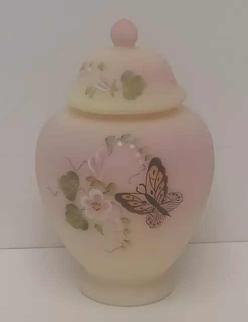 Fenton Burmese Butterfly Temple Jar Fagca 6" Hand painted. Artist signed.