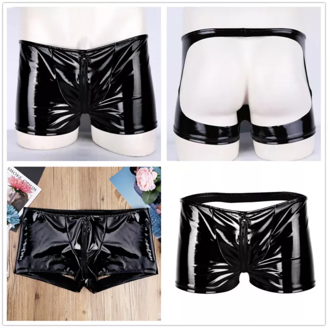 Men's PVC Leather Zipper Crotch Boxer Shorts Underwear Wet Look Pants Trunks UK