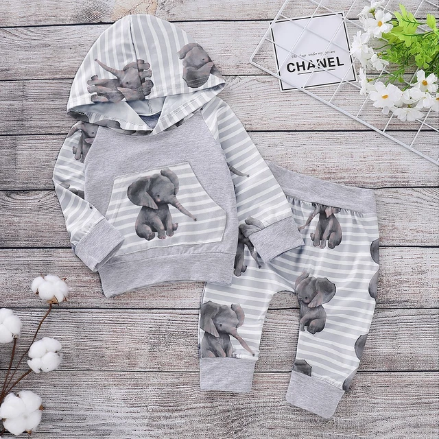 Regno Unito neonato bambino bambina tuta elefante pantaloni top con cappuccio set abiti