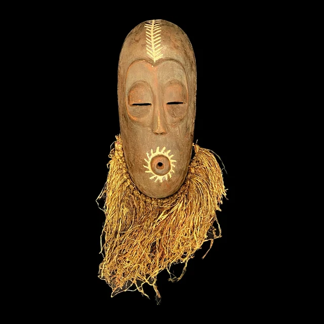 Hand Carved Mask from the Congo with Dried Grass Beard- 10-1/4"H