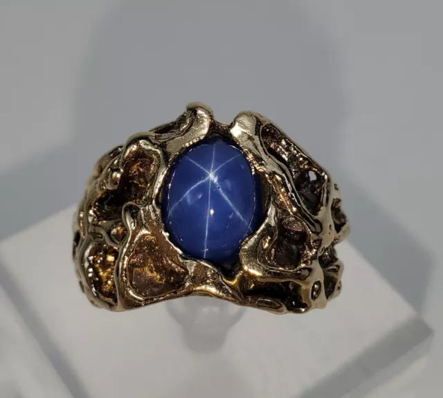 Vintage 14k Gelbgold Labor gewachsen blauer Stern Saphir Herren Nugget Ring 7,25""