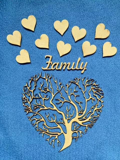 Wooden MDF Family Heart Tree Craft Shape Blank plaque with 10 free Hearts