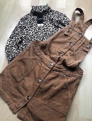 BNWT Girls Corduroy Pinafore And Leopard Print Top 9-11 Years