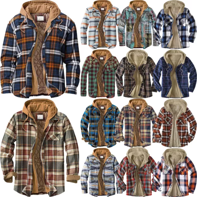 Mens Padded Shirts Hooded Flannel Work Jacket Warm Thick Fleece Lined Shirt Top