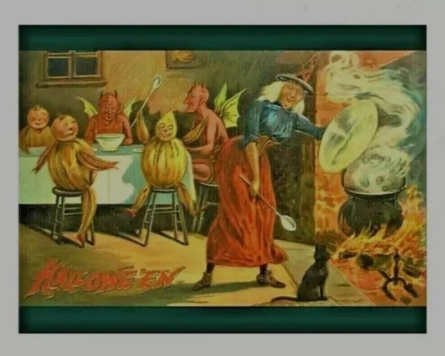 *Halloween* Postcard: Witch's Dinner, Creepy Guests Vintage Image~Reproduced