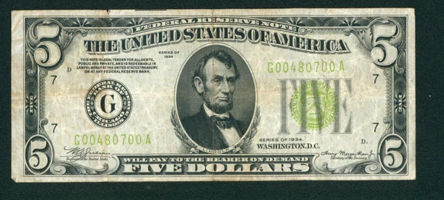 $5 1934 LGS LIME ((LIGHT GREEN SEAL)) Federal Reserve Note CURRENCY AUCTIONS 2