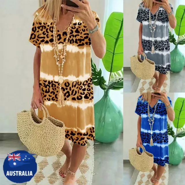 Women Summer Holiday Dress Ladies Boho Beach Loose Tie Dye Sun Dresses Size 6-20