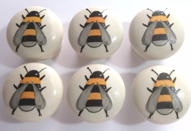 6 x Cute Handpainted & Decoupaged Bumble Bee 4cm Dia Pine Drawer Knobs