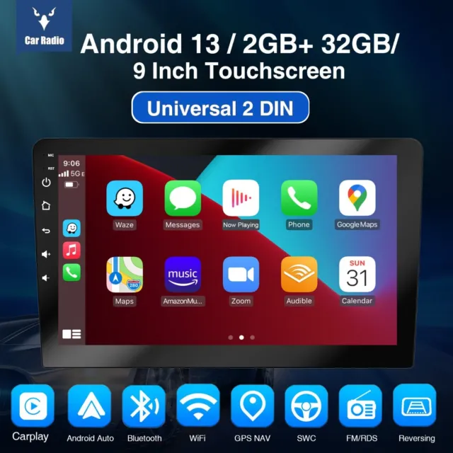 9 Pollici Autoradio Doppia DIN Carplay Android 13 Bluetooth GPS Navi USB WIFI FM