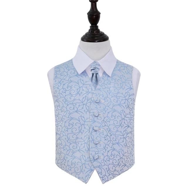 DQT Swirl Patterned Baby Blue Boys Wedding Waistcoat & Cravat Set