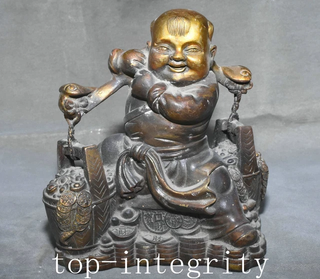 8.6'' Old China Dynasty Bronze Yuanbao Wealth Money Coin Ruyi Tongzi Statue