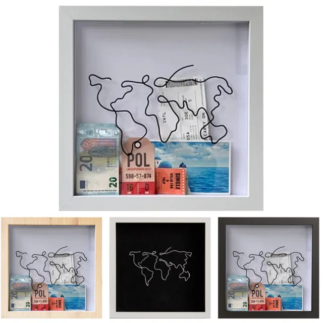  Adventure Archive Box, Travel Shadow Box, Ticket Shadow Box  with Slot, 8 x 8 Memory Boxes for Keepsakes Display, Ticket Holder with  World Map and Plane Design (White & Black, 1pcs)