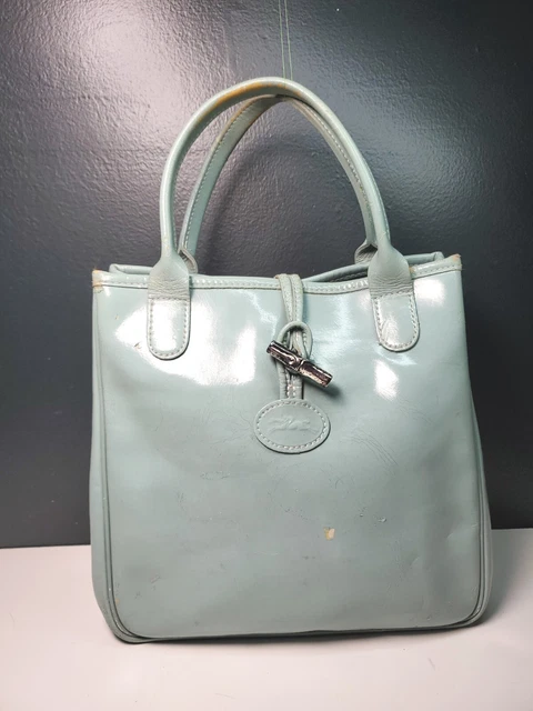Vintage LONGCHAMP Seafoam Blue Leather Silver Bamboo Toggle Satchel Bag Purse