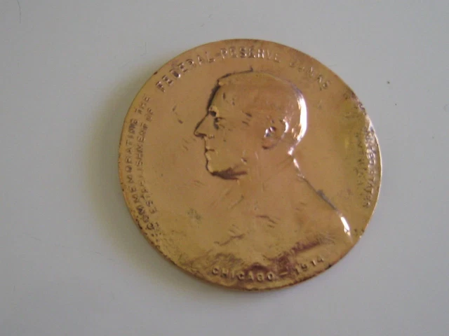 Rare, 1914-Woodrow Wilson Bronze, 69.6mm, Whitehead-Hoag, Cleaned Fed. Reserve