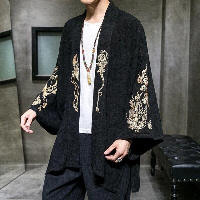 Men Embroidery Dragon Japanese Coat Kimono Top Outwear Cotton Vintage Look Loose