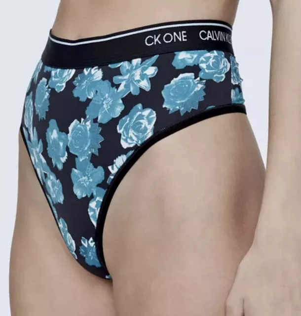 CALVIN KLEIN CK One Micro Black Blue Floral High Waist Thong Panty Women S 5 L 7