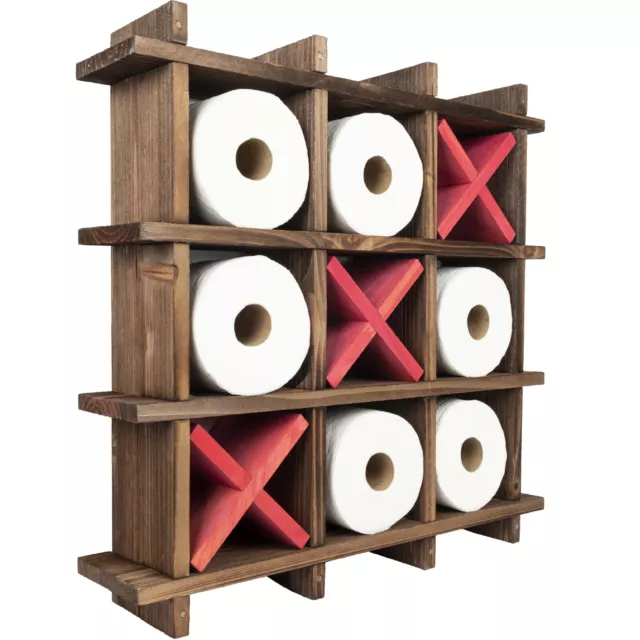 Rustic Wooden Toilet Paper Holder: Tic Tac Toe Design Tissue Roll Storage