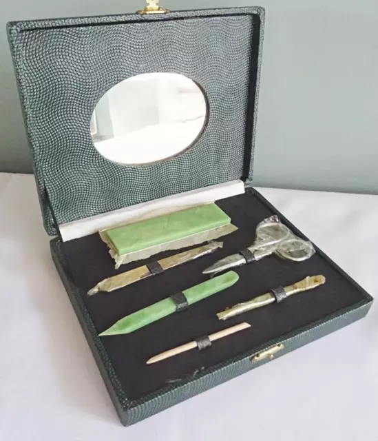 Vintage Manicure Set Lucite 1950s Art Deco Green Faux Leather Case Tools Unused