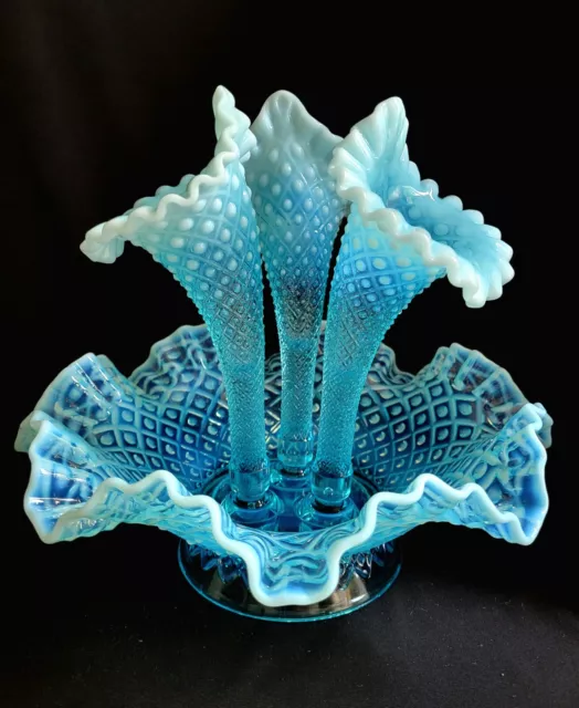 FENTON Glass 10" Flower EPERGNE Sea Blue Opalescent Hobnail Diamond Lace, MINT!!