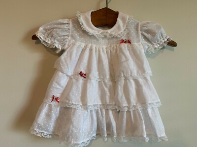 Vintage ALEXIS Baby Girl Dress White Polka Dot Ruffles Lace Short Sleeve 2T