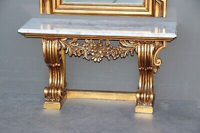 Antique French carved wood gilt framed mirror and marble top console table gold 2