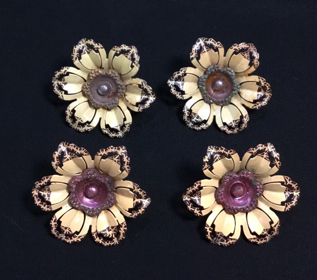 Vintage 4 Drape Push Pin Tie Backs Curtains Flower Design, Metal 2”