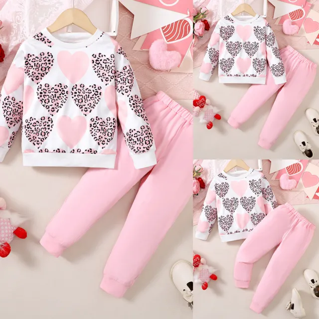 Toddler Baby Girls Heart Print Shirt Top Pants Tracksuit Outfit Set Kids Clothes