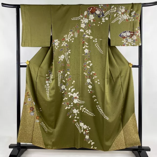 Japanese Kimono Silk Houmongi Vintage Gold Cherry Tree Plum Embroidery Green 61"