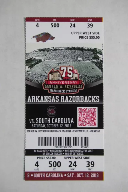 Arkansas Razerbacks Vs South Carolina Gamecocks 10/12/2013 Full Ticket