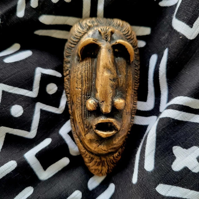 Vintage African Mask Made Of Heavy Bronze Metal Studio Art Heavy 4" Vintage