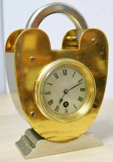 Rare Antique French Industrial 8Day Brass & Silvered Padlock Carriage Clock