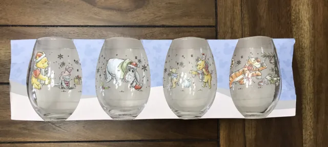 Disney Winnie The Pooh Christmas Set of 4 Stemless Wine Glasses 16oz New Eeyore