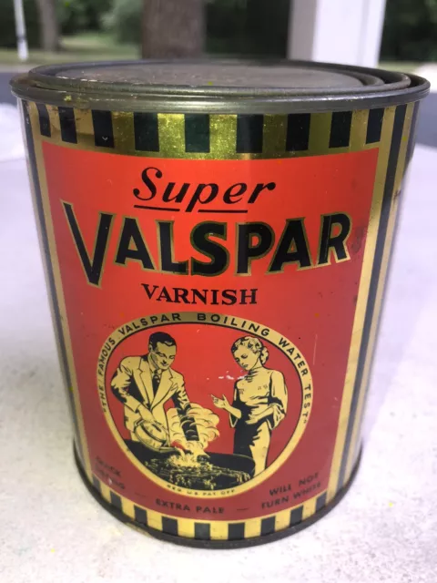 ART DECO VALSPAR VARNISH QUART TIN LITHO CAN “THE BOILING WATER TEST” Graphics