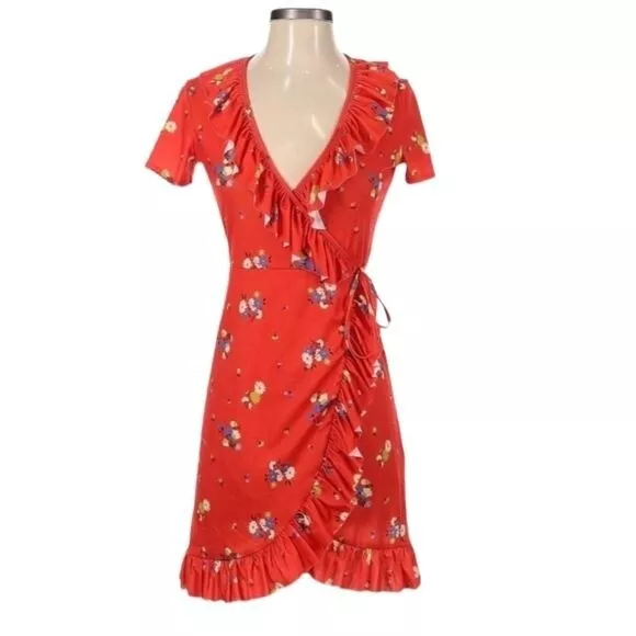 Asos Red Orange Floral Print Casual Wrap Ruffle Trim Dress Size 4