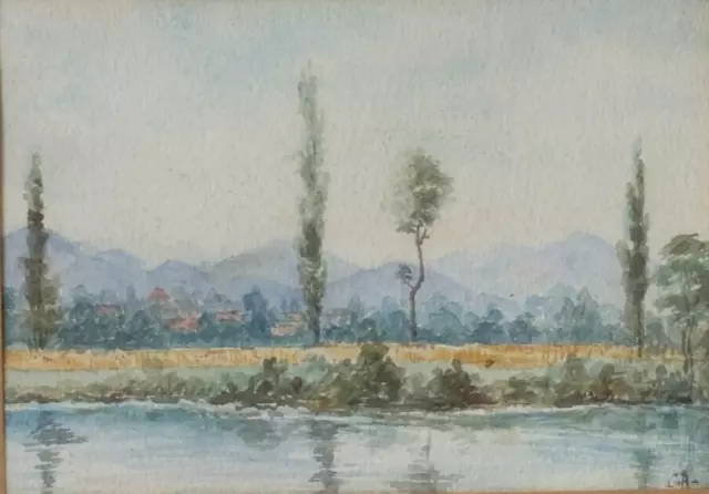 Antique Drawing Original Mountain Landscape Trees by the River