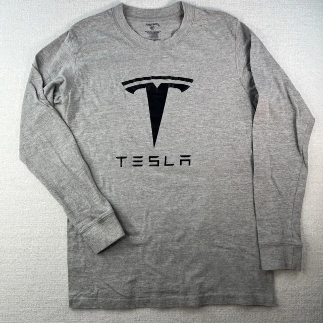 Tesla Long Sleeve T-Shirt Logo Vinyl Print Front Mens Medium Gray