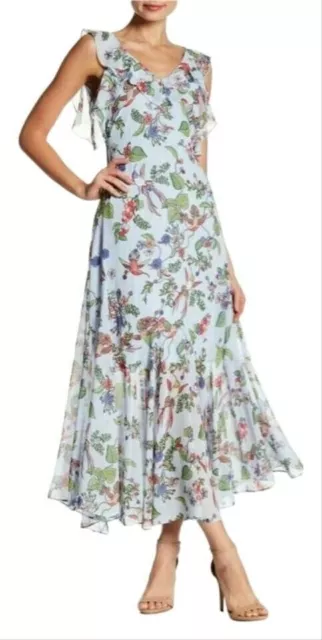 NANETTE LEPORE Sleeveless Floral Hummingbird Chiffon Romantic Maxi Dress size 6