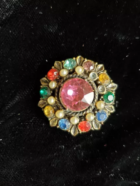 Vintage MULTI-COLORED RHINESTONE & FAUX PEARL PIN BROOCH