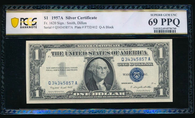 AC 1957A $1 Silver Certificate PCGS 69 PPQ Q-A block Fr 1620 .. Superb Gem!
