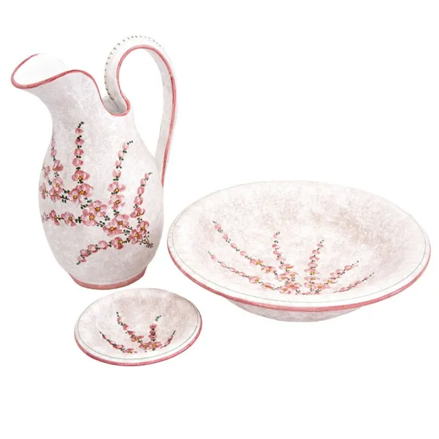 Tris set di ceramiche fiori di pesco arredo casa Deruta lavabi antichi toelette